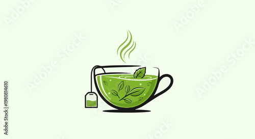 A steaming cup of vibrant green tea with leaves and a tea bag