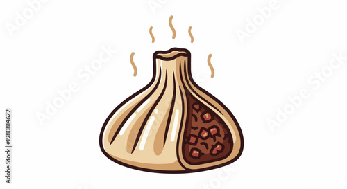 A steaming dumpling with a savory meat filling is depicted