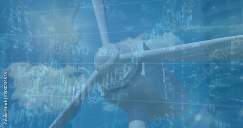 Animation of trading board and falling bars over close-up of spinning windmill against sky