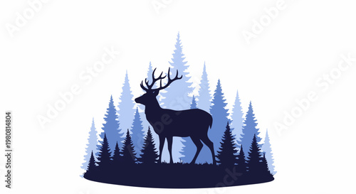 A solitary deer stands amidst a gradient of blue pine trees in a forest silhouette