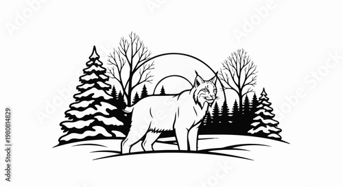 A solitary lynx stands in a snowy forest scene at sunset