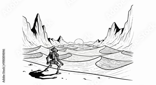 A solitary robot stands on a sandy alien landscape under a setting sun