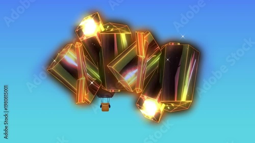 Hot air balloon flying on blue background with glowing crystals