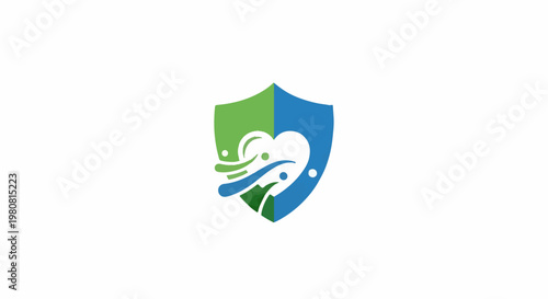 A shield with a blue and green design, featuring a heart shape