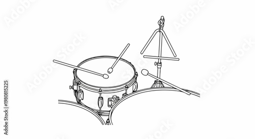 A sketch of a drum set with sticks resting on a snare and triangle