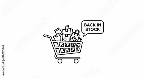 A shopping cart filled with items and a speech bubble saying "BACK IN STOCK