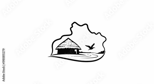 A silhouette of a hut and bird within an irregular border