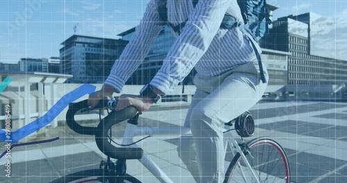 Animation of financial data processing with lines over businessman on bike