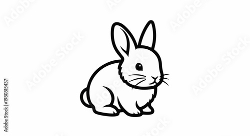 A simple black and white illustration of a small rabbit sitting and looking forward