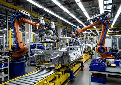 Automated industrial robotic arm assembly line working on a car chassis in a modern manufacturing factory production plant