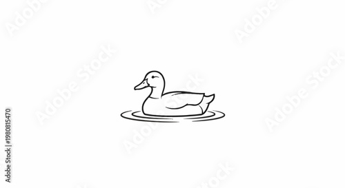 A simple black and white line drawing of a duck floating on water