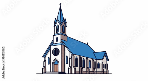A simple illustration of a blue-roofed church with a tall steeple and cross