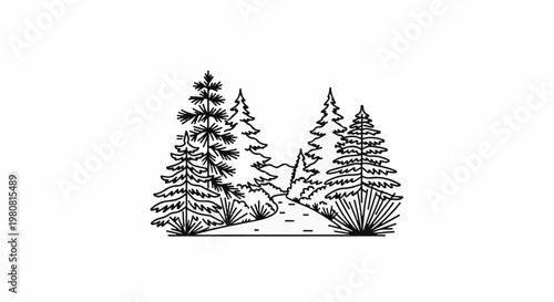A simple black and white line drawing of a forest scene with a path
