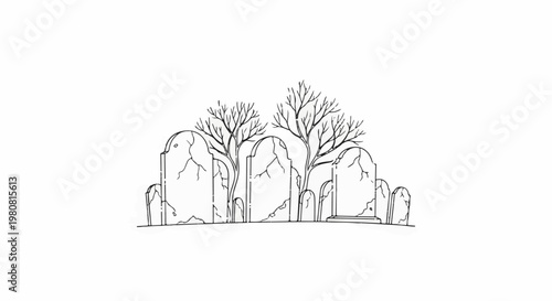 A sketch of a graveyard with bare trees and weathered tombstones