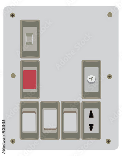 A white electrical light switch panel is mounted on a wall to control the power and energy flow for home technology equipment