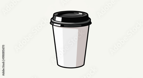 A simple illustration of a plain white paper coffee cup with a black lid