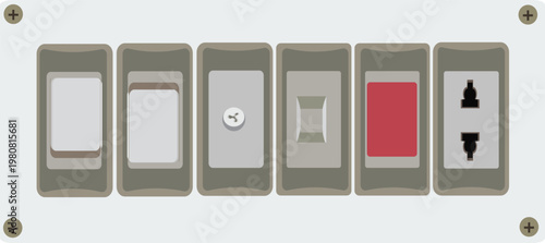 An electrical light switch on a white wall controls the power and energy flow to the house by a simple plastic button to turn the equipment on or off