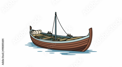 A simple illustration of a brown, wooden ancient boat with a single mast