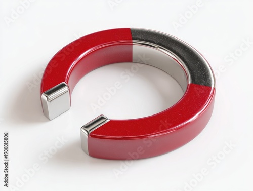 A horseshoe-shaped device with red and silver sections, placed against a white background; well-lit with high contrast