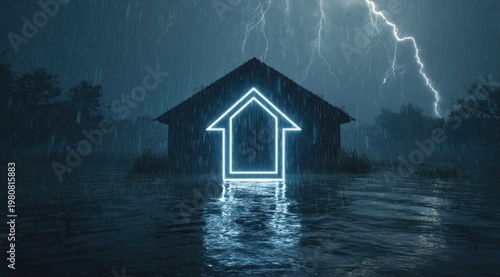 A house silhouette illuminated with a glowing arrow symbol in heavy rain, a lightning flash in the darkened sky