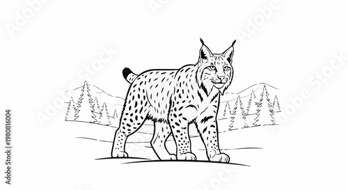 A spotted lynx stands in a snowy landscape with pine trees and mountains