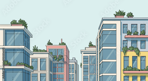 A minimalist illustration of urban buildings with rooftop greenery