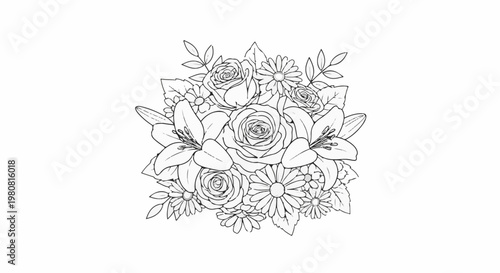 A sketch of a floral arrangement featuring roses, lilies, and daisies
