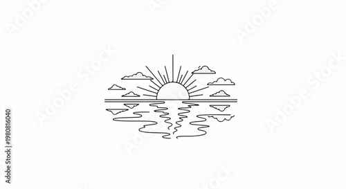 A minimalist line art depiction of a sun rising over water with clouds