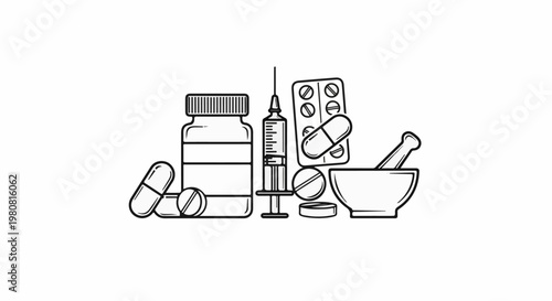 A medical illustration featuring pills, a syringe, and a mortar and pestle