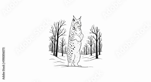 A spotted lynx stands tall in a snow-covered forest