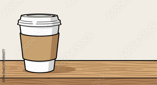 A simple illustration of a take-away coffee cup on a wooden table