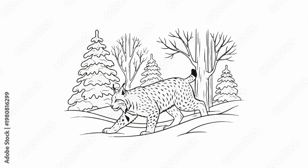 Fototapeta premium A spotted wildcat walks through a snowy winter forest landscape