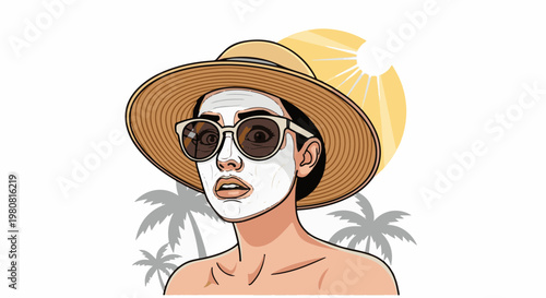 A person in a wide-brimmed hat and sunglasses wears a face mask, with palm trees and sun behind