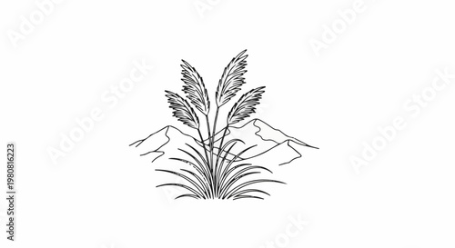 A minimalist line drawing of tall grass plumes with mountain peaks behind