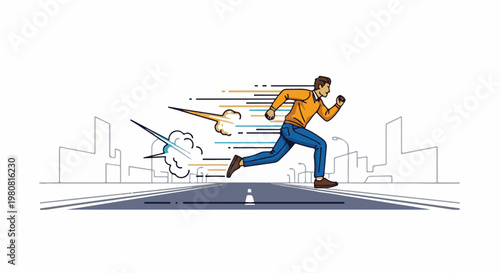 A man runs at high speed down a road, with abstract speed lines and smoke trails behind him