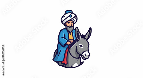 A man in traditional clothing rides a donkey