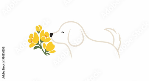 A simple illustration of a white dog smelling yellow flowers