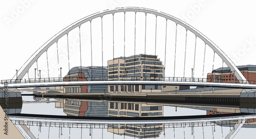 A modern arch bridge with buildings and their reflections in water