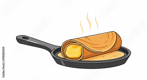 A rolled pancake with melted cheese filling cooks in a frying pan
