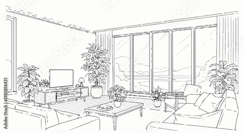 A modern living room sketch with large windows revealing a scenic landscape
