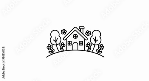 A simple cartoon house sits on a hill surrounded by trees and flowers