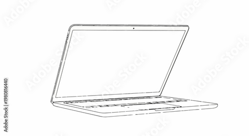 A minimalist line drawing of an open laptop computer on a white background