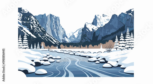 A pixel art winter scene depicts snow-covered mountains, a frozen river, and evergreen trees