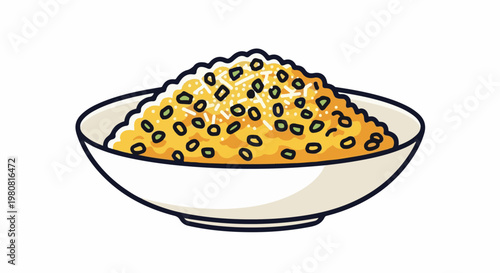 A simple cartoon illustration of a bowl filled with yellow rice, green peas, and white cheese