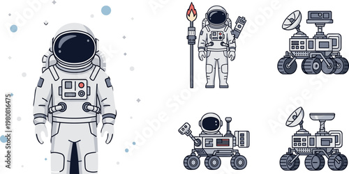 Astronaut and Space Rover Illustration Set with Space Tools and Exploration Theme for Adventure and Education Designs