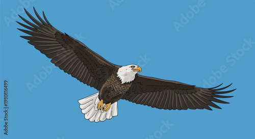 A pixelated bald eagle soars against a clear blue sky