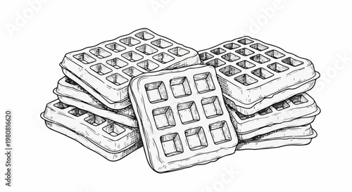 A stack of freshly baked grid-patterned waffles, drawn in a black and white sketch style