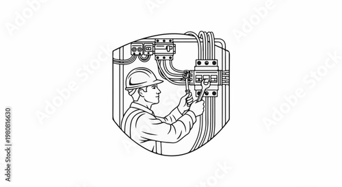 A man in a hard hat works on electrical wiring and equipment