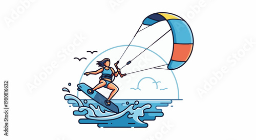 A person kiteboards over stylized waves and sky with birds