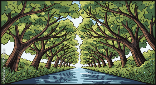 A serene tree-lined path beside a reflective waterway under a clear sky